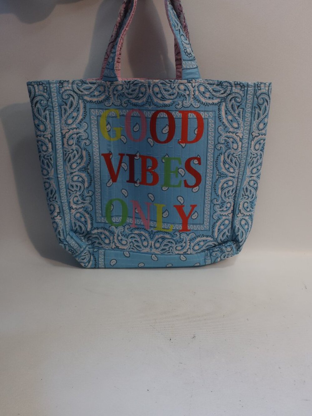 NWT Womens Tina Demel "Good Vibes Only" Double Sided Bandana Turq, Pk Tote Bag